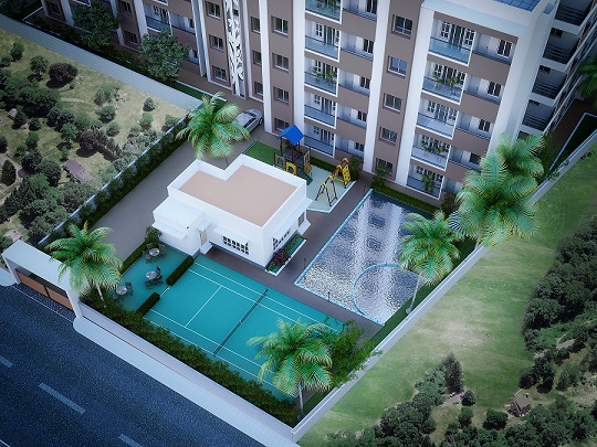 Apartment community with landscaped grounds, pool, sports court and play area