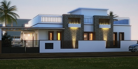 Modern two-storey villa with a stone facade and landscaped frontage