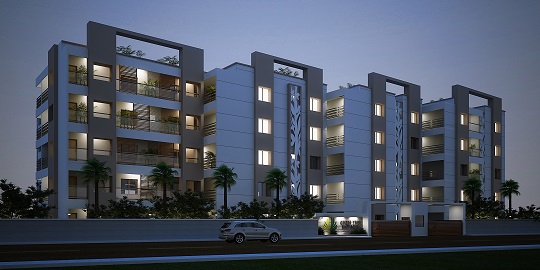 Contemporary apartment complex with repeated balconies and planted edges