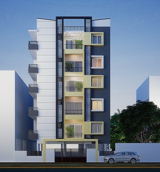 Modern multi-storey apartment building with a central balcony bay