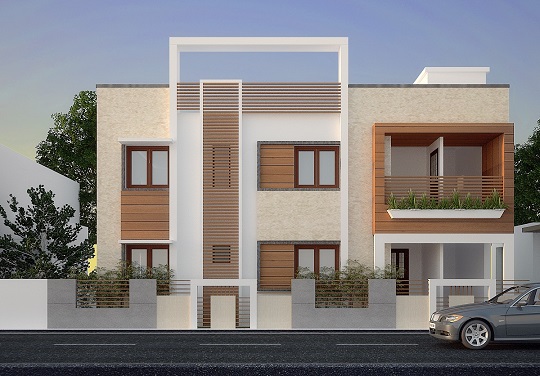 Two-storey contemporary villa with a white, timber and stone facade