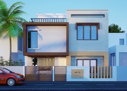 Two-storey blue and white house with a palm tree and covered entrance