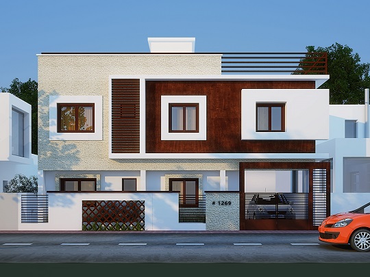 Contemporary two-storey villa with a brick facade and glazed central bay