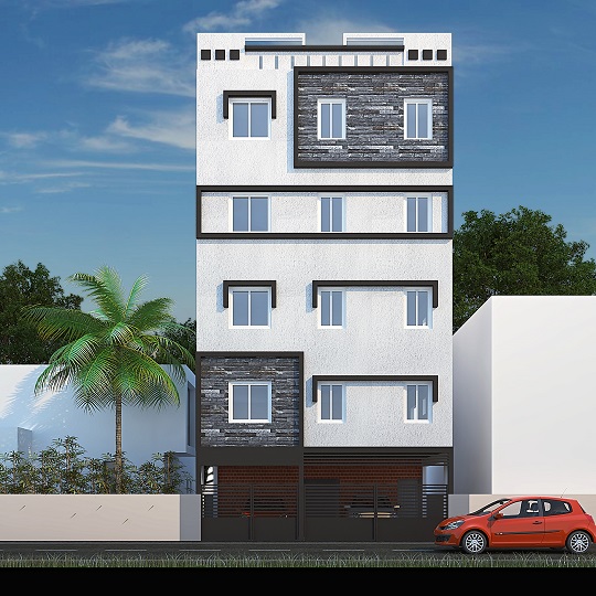 Contemporary multi-storey residential building with a framed entrance