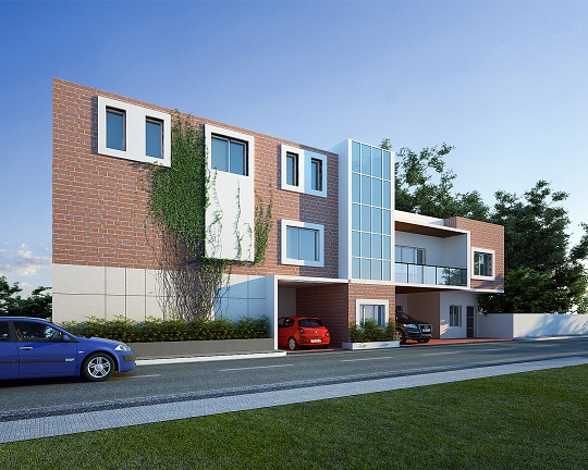 Contemporary multi-storey residential building with a shaded entrance