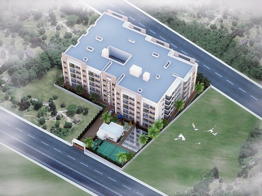 Aerial view of a residential apartment community and its landscaped site