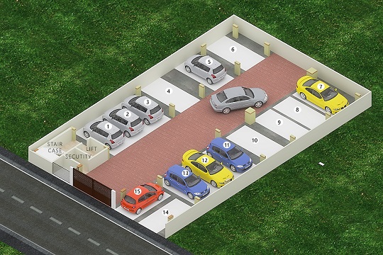 Site plan showing numbered parking spaces, stair access and a lift