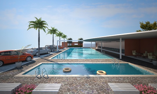Residential recreation area with swimming pools, deck and covered seating