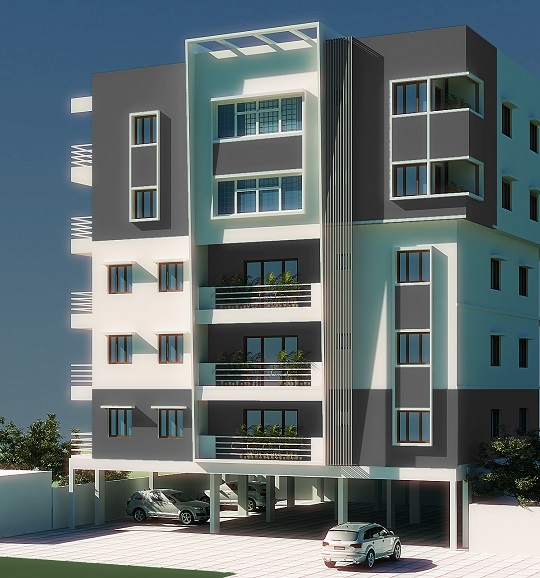 Contemporary multi-storey apartment building with covered parking
