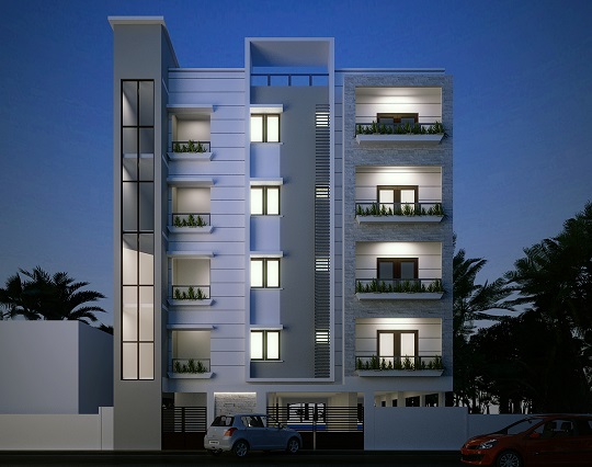 Multi-storey apartment building with balconies, shown at dusk
