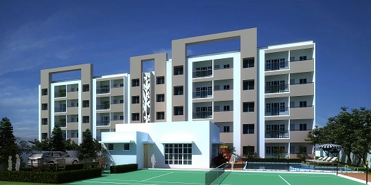 Apartment buildings arranged around a sports court and pool