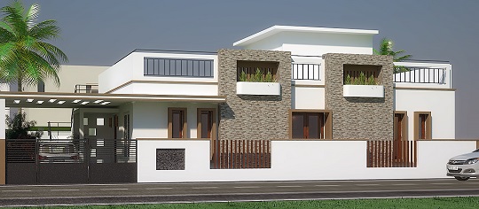 Single-storey contemporary villa with a stone facade and covered entrance