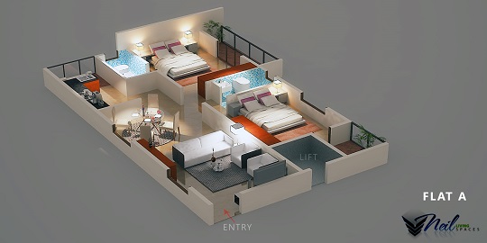 Three-dimensional floor plan showing the rooms and entry of a flat