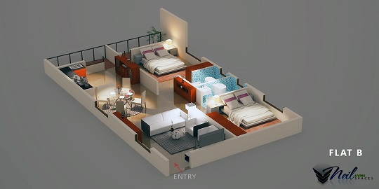 Three-dimensional floor plan showing the rooms and entry of a second flat